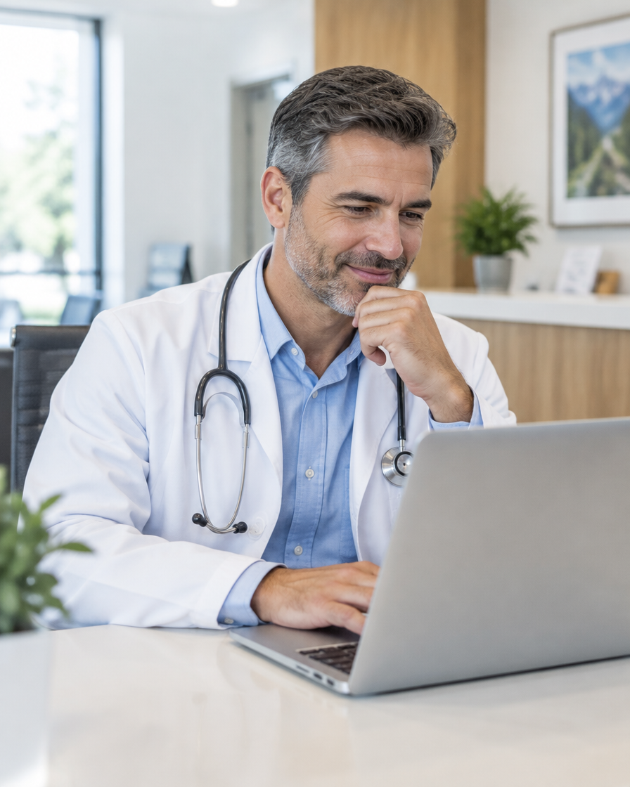 A physician reviewing his practice website